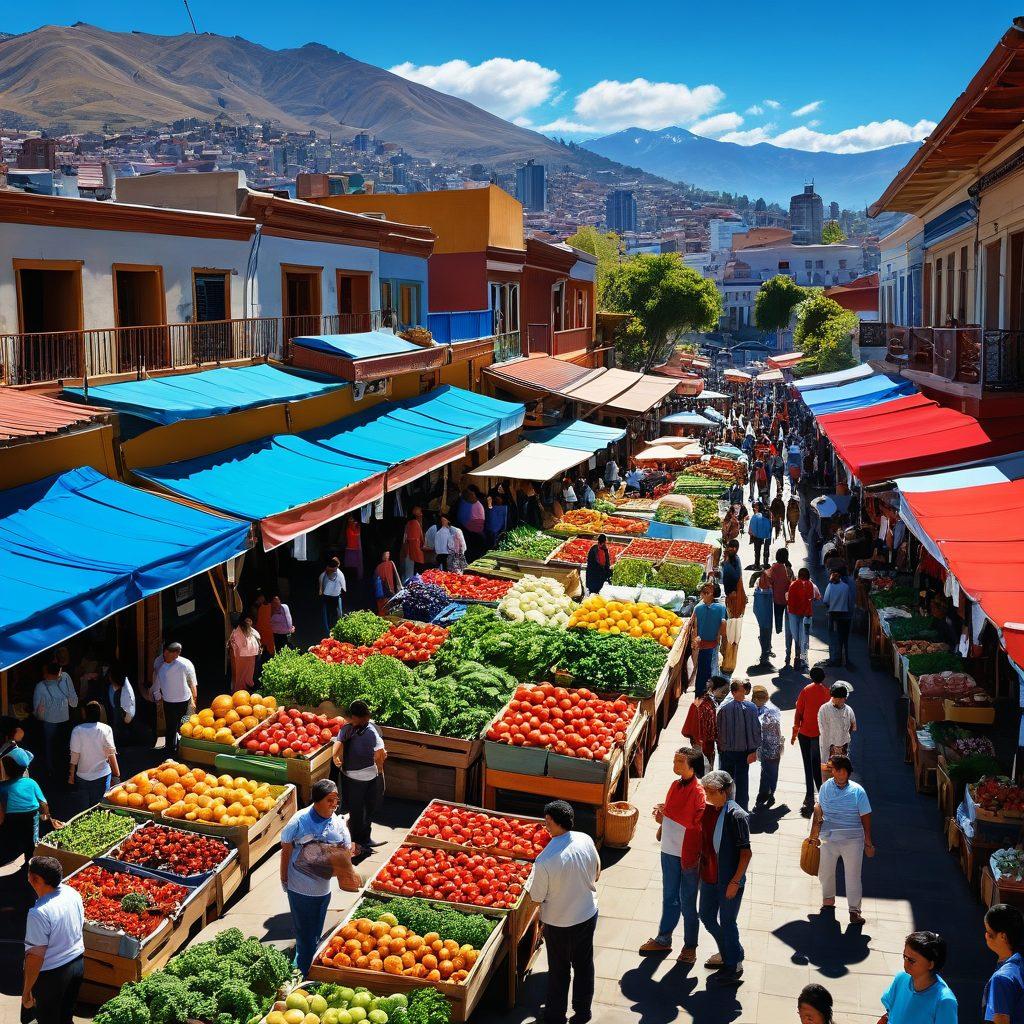 A vibrant urban scene showcasing a bustling Chilean market, with locals engaging in lively discussions about community updates. Include stands featuring fresh produce and colorful artisan goods to represent financial offerings. In the background, iconic Chilean architecture stands tall under a clear blue sky, symbolizing community spirit and growth. super-realistic. vibrant colors. 3D.
