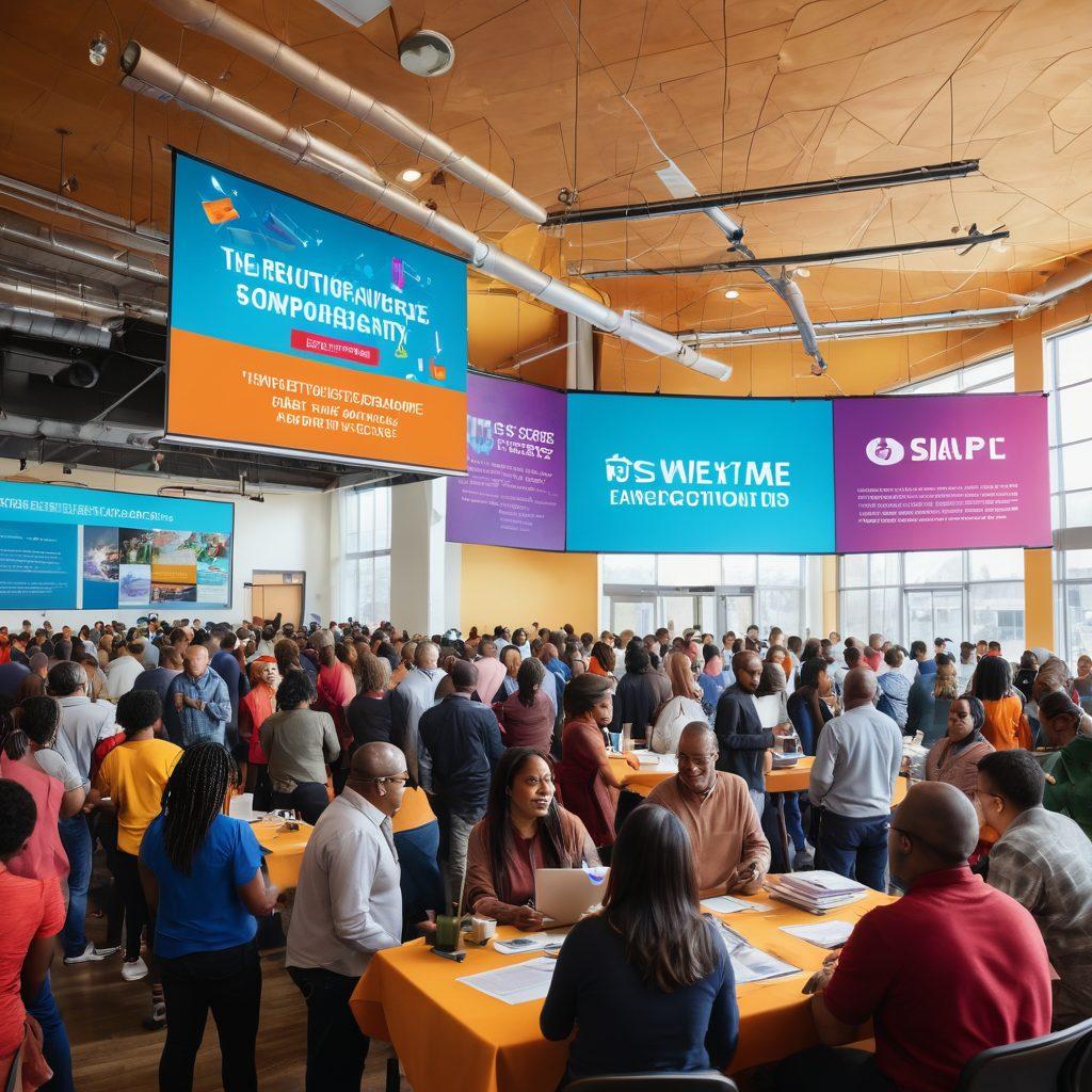 A bustling community center filled with diverse people engaged in various activities, including financial workshops, resource sharing, and networking events. In the background, a large screen displays headlines of recent financial news. Bright banners promoting local resources hang from the ceiling, creating a vibrant and inviting atmosphere. The scene should convey a sense of collaboration and opportunity. vivid colors. lively design. digital art.