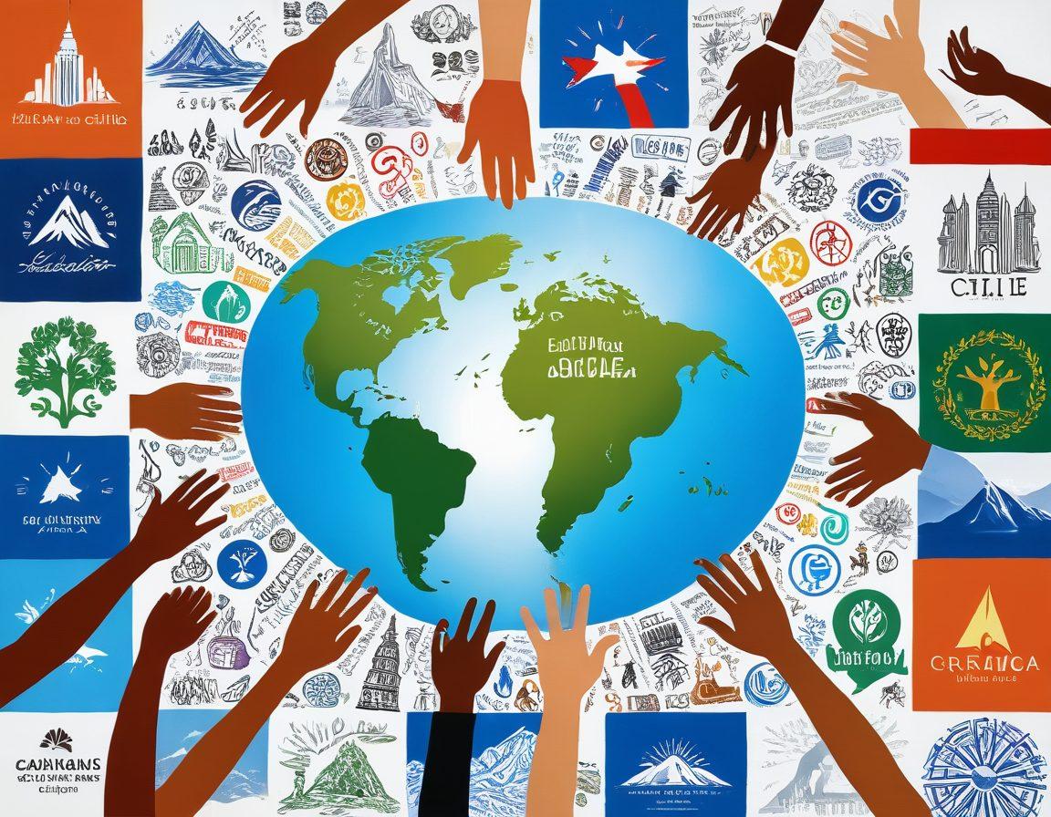 A vibrant collage representing financial growth in Chile, featuring the Caja Los Andes logo intertwined with symbols of community support, like hands joining together and a map of Chile with colorful landmarks. Include diverse people engaging in discussions, reading financial materials, and celebrating success. Captivating and uplifting, embodying hope and opportunity. super-realistic. vibrant colors. white background.